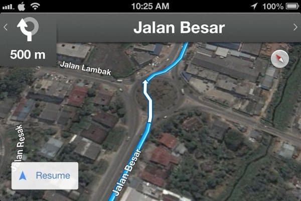 Google Maps app for iOS navigation preview in satellite view in Malaysia