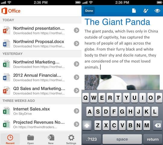Office Mobile for iPhone screenshots (from left): file list, Word